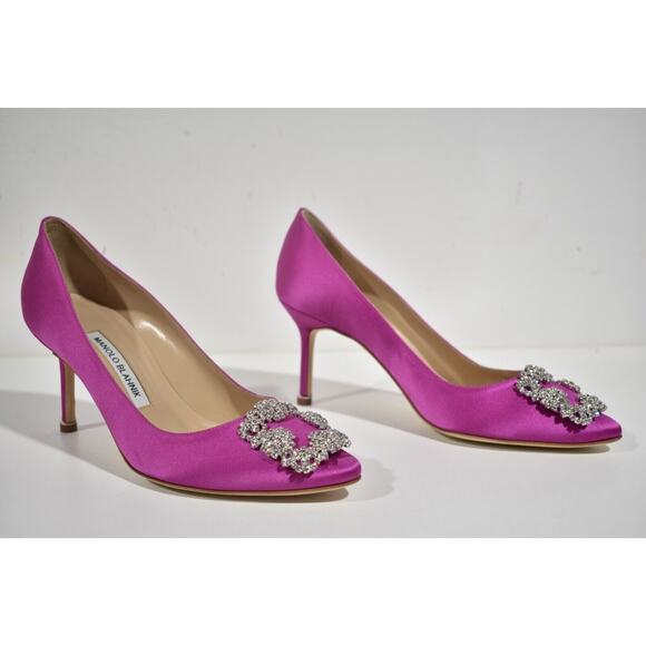Manolo Blahnik Hangisi 70 Spur Pink Satin Jewel Crystal Buckle Heel Pump 39.5 - Picture 4 of 10